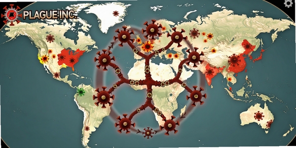 瘟疫公司游戏主界面截图，中央显示红色病毒进化树分支，背景是一张世界地图，各大洲有不同颜色的感染区域，左上角有“Plague Inc.”logo，画面采用写实卡通风格，光影效果突出，展示病毒从初始到全球爆发的进程。
