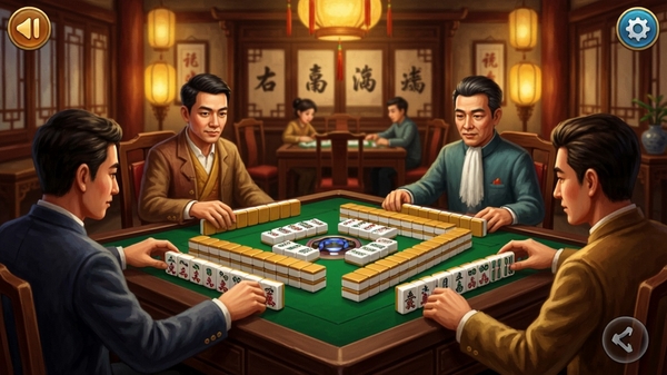 富豪麻将经典对局界面，四位玩家围坐麻将桌，牌面清晰，古风装修背景，暖色灯光，手机游戏截图风格
