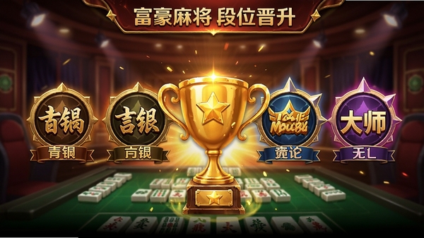 富豪麻将段位晋升界面，展示青铜到大师的段位图标，金色奖杯，竞技氛围浓厚