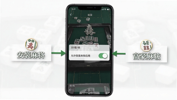 富豪麻将安装权限设置示意图，手机屏幕显示允许安装未知应用开关，步骤标注清晰