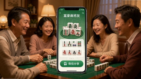 富豪麻将好友约牌界面，显示邀请码和微信分享按钮，温馨社交场景，手机屏幕展示