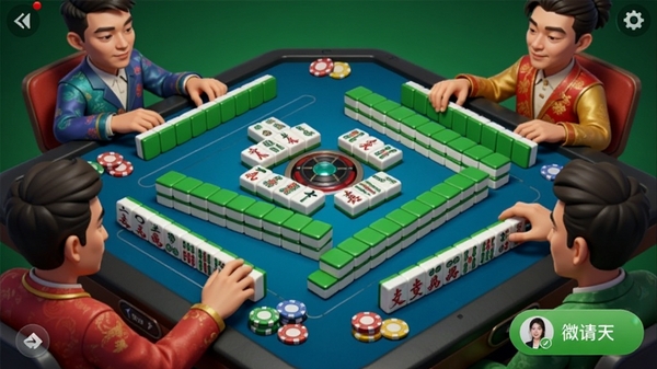 南宁麻将游戏对局界面，四位玩家正在激烈对战，牌桌上有麻将牌和筹码，界面显示微信好友邀请按钮，色彩鲜艳，风格写实