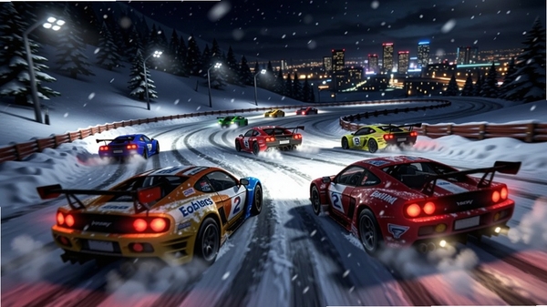 狂野赛车2雪山赛道夜间比赛场景,多辆跑车在弯道激烈角逐,车灯照亮飘雪的路面,远处可见城市灯火