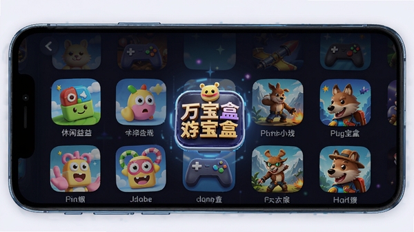 万宝盒游戏盒子内多款小游戏聚合展示，手机界面呈现游戏列表，包含休闲益智和动作冒险图标，带有万宝盒Logo，科技感与娱乐感结合