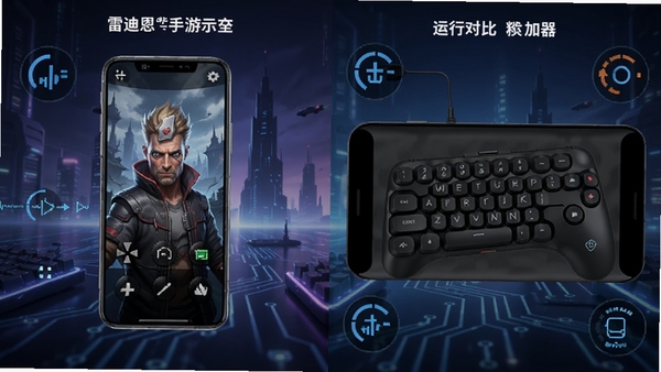 雷迪恩手游在手机与模拟器上运行的对比示意图,展示竖屏操作界面与键鼠映射设置,科技感背景