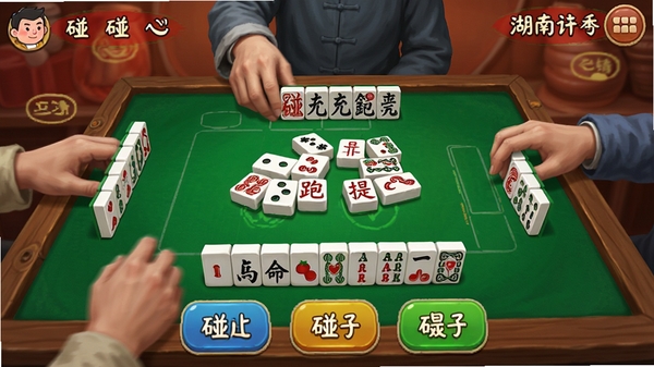 随便跑胡子游戏对局进行中的画面,玩家正在出牌,桌面显示碰、跑、提等操作按钮,界面带有湖南方言元素