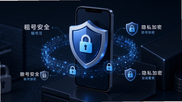 租号汪安全防护功能示意图,盾牌图标与数据加密流线环绕手机,展示账号安全保护、防顶号、隐私加密等核心卖点,画面风格稳重专业