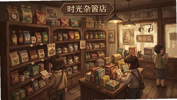 时光杂货店游戏内货架陈列界面,复古风格,商品琳琅满目,顾客正在挑选,温馨怀旧氛围
