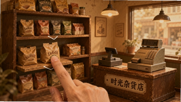 时光杂货店移动端操作界面,手指拖拽商品上架,货架与收银台清晰可见,复古暖色调