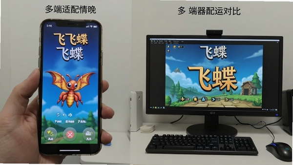 飞蝶游戏在手机与模拟器上的运行对比图,左侧为手机竖屏操作,右侧为电脑模拟器横屏展示,画面中标注飞蝶游戏名称,用于说明多端适配情况