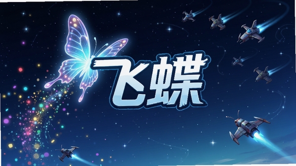 飞蝶游戏主界面展示,一只发光的蝴蝶在星空中飞行,周围有彩色粒子特效与敌人飞船,画面中央显示飞蝶游戏logo,风格清新科幻,适合作为下载页头图