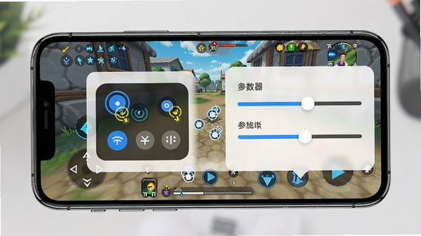 多指手机连点器功能演示图，展示悬浮控制面板与参数调节滑块，手机屏幕显示游戏画面与多个点击标记点