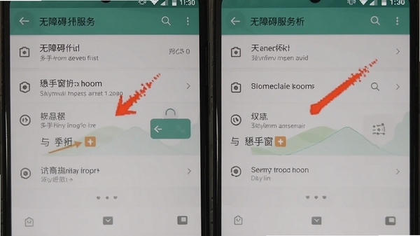 多指手机连点器权限设置步骤截图，展示安卓手机设置界面中无障碍服务与悬浮窗权限的开启位置，配以箭头标注说明