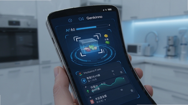 Genkinno智能垃圾扫描界面展示，手机屏幕显示AI扫描进度与分类清理列表，科技感蓝色调，简洁现代
