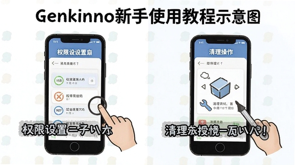 Genkinno新手使用教程示意图，展示权限设置与清理操作步骤，手机界面配文字说明
