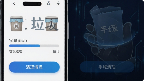 手心清理大师软件界面截图，展示手机垃圾扫描进度和清理按钮，科技感蓝色调，简洁现代风格