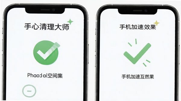 手心清理大师清理完成界面，展示释放空间大小和手机加速效果，绿色对勾图标，清爽界面风格
