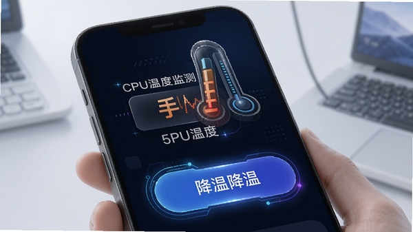 手心清理大师手机降温功能界面，展示CPU温度监测和降温按钮，科技感温度计图标