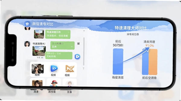 特速清理大师微信专清功能界面,展示聊天图片、视频、文件分类清理选项,手机屏幕显示清理前后空间对比,体现特速清理大师的深度清理能力