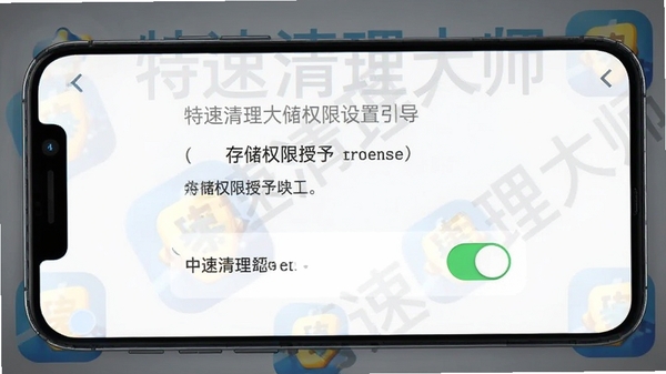 特速清理大师权限设置引导界面,展示存储权限授予步骤,手机屏幕显示设置页面和权限开关,背景带有特速清理大师图标水印