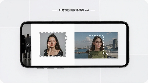 AI魔术修图软件界面展示,手机屏幕显示智能抠图与背景替换功能,简洁现代风格