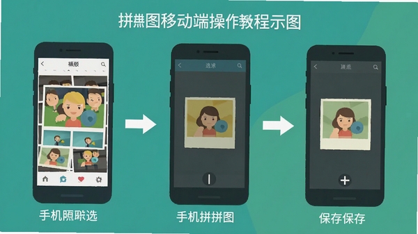 手机照片拼图移动端操作教程示意图,手机屏幕展示从相册选图到保存拼图的完整流程,每一步配有箭头指引和文字标注,扁平化设计风格,清晰易懂