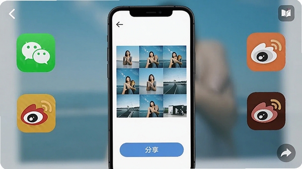 手机照片拼图导出分享界面,手机屏幕显示拼图成品预览和分享按钮,周围环绕微信QQ微博等社交图标,高清画质标识,简洁现代UI设计