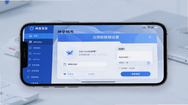 神兽管家家长端应用管理界面，蓝色科技风格，手机屏幕显示应用限额设置面板，简洁现代UI设计