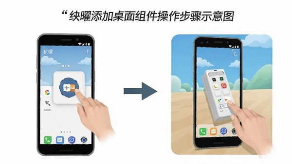 简曜小组件在安卓手机上添加桌面组件的操作步骤示意图，展示从软件内选择组件到桌面放置的完整流程