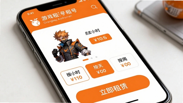 橙子租号租赁模式选择界面,展示按小时、按天、按周选项,手机屏幕上方有游戏账号详情,下方有醒目的立即租赁按钮,界面配色以橙色和白色为主,突出便捷操作,AI生图提示词:橙子租号应用内租赁时长选择页面,包含游戏角色立绘和价格标签,现代扁平化设计风格