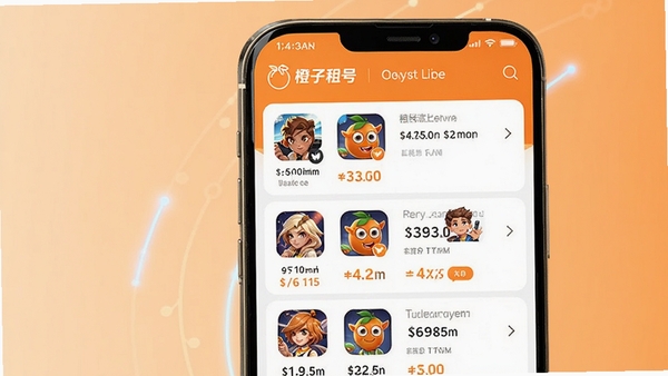 橙子租号应用主界面展示,手机屏幕显示多个热门游戏账号租赁列表,色彩鲜明,界面简洁,包含游戏图标和价格信息,背景为浅橙色渐变,突出橙子租号品牌标识,整体风格现代科技感