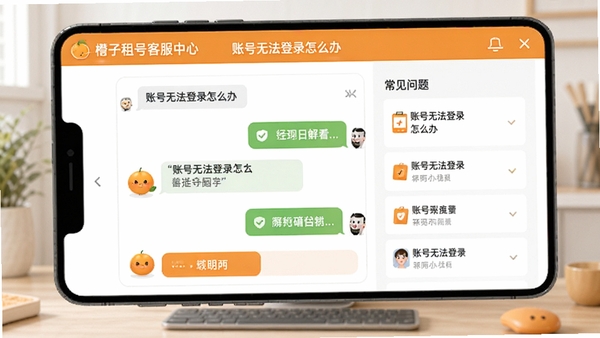 橙子租号客服中心界面,展示在线客服对话框和常见问题列表,手机屏幕显示“账号无法登录怎么办”等问答,界面友好,配色清新,突出解决问题的便捷性