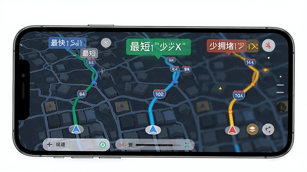 高地免费导航地图智能路线规划功能演示，手机屏幕同时显示三条不同颜色的导航路线，分别标注最快、最短、少拥堵，界面清晰直观