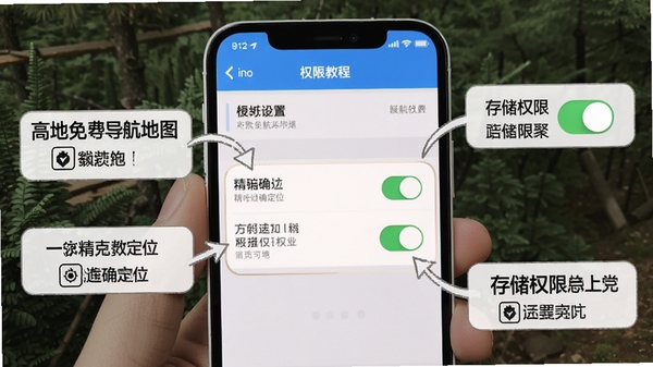 高地免费导航地图新手设置教程示意图，手机屏幕显示权限设置界面，突出精确定位与存储权限开关，配有文字标注说明