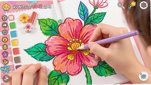 彩笺绘梦数字填色玩法截图，展示玩家正在为花朵图案上色，色彩鲜艳