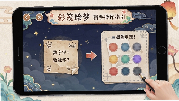 彩笺绘梦新手操作指引界面，展示数字提示和颜色选择步骤