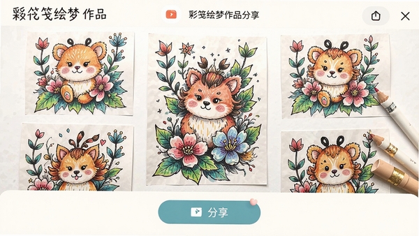 彩笺绘梦作品分享界面，展示已完成的多幅精美涂色作品和分享按钮