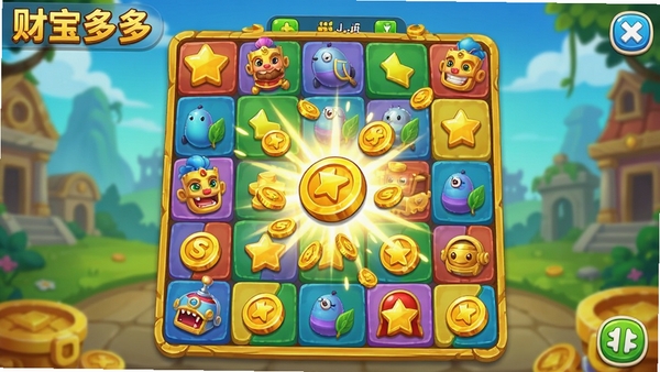 财宝多多游戏主界面截图，展示色彩明亮的合成棋盘与金币奖励特效，突出轻松休闲的游戏氛围