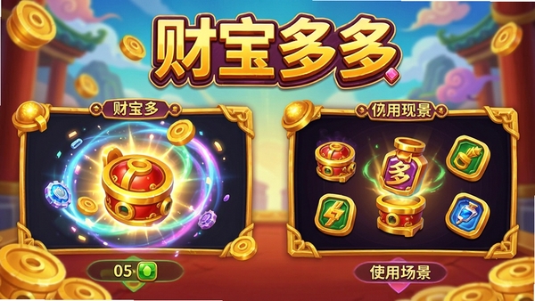 财宝多多游戏内合成特效与道具使用场景展示，画面中带有财宝多多字样，色彩鲜艳，吸引眼球