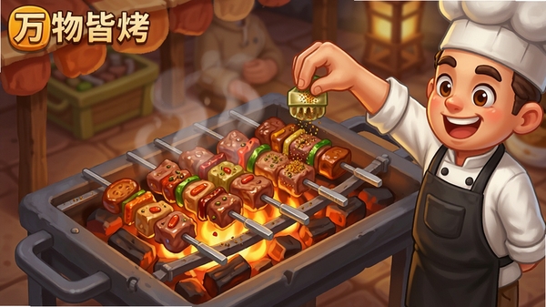 万物皆烤游戏内食材烧烤场景，炭火正旺，肉串滋滋作响，厨师正在撒孜然调料，卡通风格，暖色调，画面生动有趣