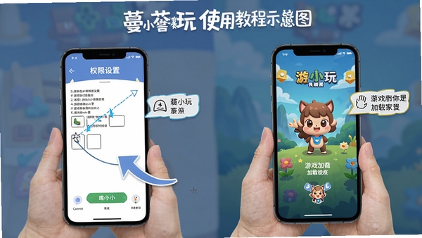 蔓小玩使用教程示意图，展示手机安装权限设置步骤和游戏加载界面，画面清晰标注操作箭头和文字说明