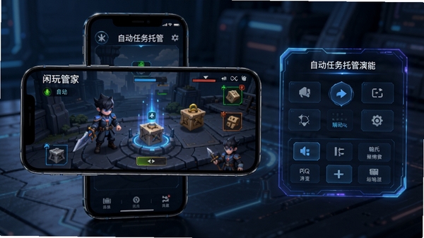 闲玩管家自动任务托管功能演示界面,手机屏幕上显示游戏角色自动执行任务,旁边有辅助控制面板,科技感光效