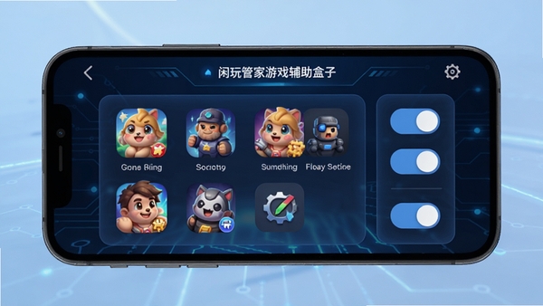 闲玩管家游戏辅助盒子主界面展示,手机屏幕中显示多种热门游戏图标与辅助功能开关,科技感蓝色调背景,简洁现代UI设计