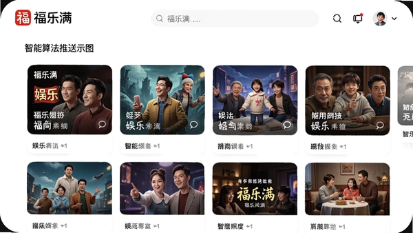 福乐满个性化推荐界面示意图，展示智能算法推送的多样化娱乐内容卡片，带有福乐满logo