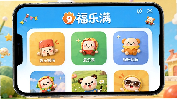 福乐满应用主界面展示图，包含多种休闲娱乐模块图标，风格活泼明亮，突出福乐满品牌标识