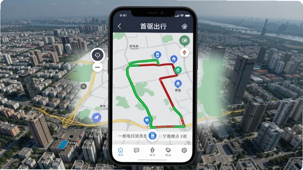 首驱出行智能导航界面,手机显示摩托车专属路线规划,绿色安全路线与红色禁行路段对比,地图上标注充电站与维修点图标,背景为城市俯视图