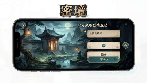 密境app沉浸式剧情互动界面展示，手机屏幕中呈现古风场景与对话选项，画面精致，氛围感强，软件名称密境醒目显示