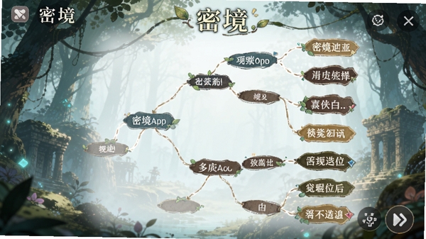 密境app多分支剧情选择界面，展示不同选项分支树状图，软件名称密境融入画面