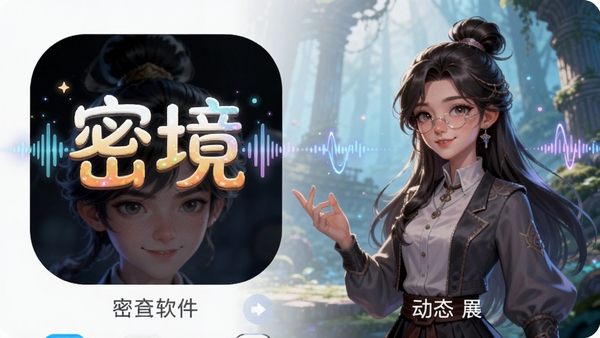 密境app配音与动态立绘展示，角色栩栩如生，声波元素点缀，突出密境软件名称