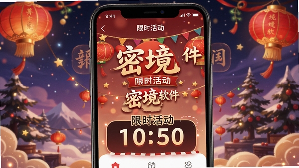 密境app限时活动界面，节日氛围浓厚，活动横幅与倒计时元素，密境软件名称突出